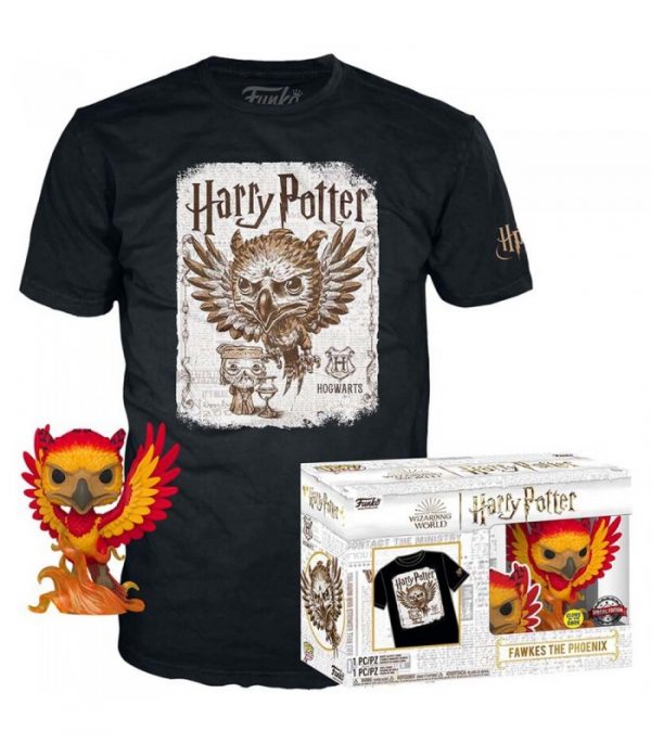 Pack Funko Pop + T-Shirt / Fawkes / Patronus Dumbledore / Harry Potter / Etiquette Glows in the dark